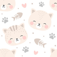 cats with cute kitty paw seamless pattern, doodle cat animals background, kitten vector illustration