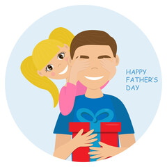 Happy father's day. Dad and daughter. The daughter surprises her father and gives her a present. Vector flat illustration.