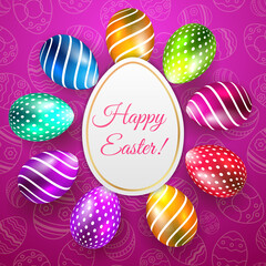 Happy Easter Vector Typography card with colored eggs on purple seamless background for greeting card, ad, promotion, poster, flyer, web-banner, article, social media