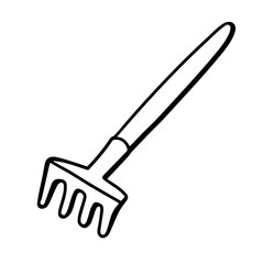 Garden rake isolated on white background. Rake for the garden. Tools for earthworks and plant transplants. Vector illustration in Doodle style