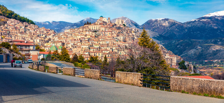 Panoramic summer cityscape of Morano Calabro town. Picturesque morning scene of  Italy, Europe. Beautiful world of mediterranean countries. Traveling concept background.