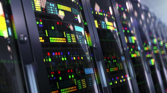 Network storages and databases in the server room. Server stand with glass doors. Dolly shoot, 4k High quality animation