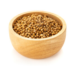 coriander seeds in bowl wooden on white background