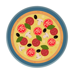 Pizza with mushrooms, tomatoes, salami and olives on a blue plate. Flat vector illustration.