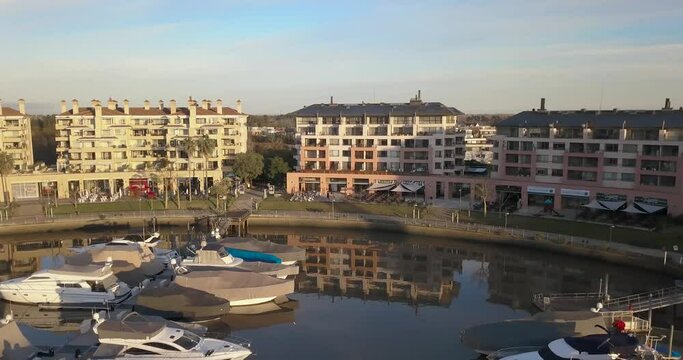 Aerial view of the Nordelta neighborhood with the sunrise, partido de Tigre, Provincia de Buenos Aires, Argentina