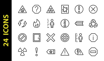 A simple set of WARNINGS, thin vector lines. Contains ICONS such as a warning, exclamation mark, reuse, warning sign, and more. Editable stroke. 48x48 Pixel Perfect. Vector illustration