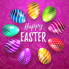 Happy Easter Vector Typography card with colored eggs on purple seamless background for greeting card, ad, promotion, poster, flyer, web-banner, article, social media