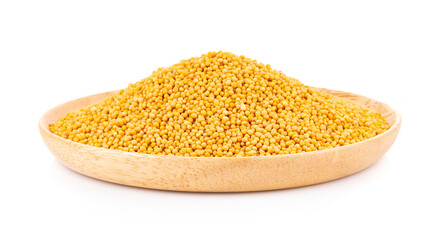mustard seeds in plate isolated on white background