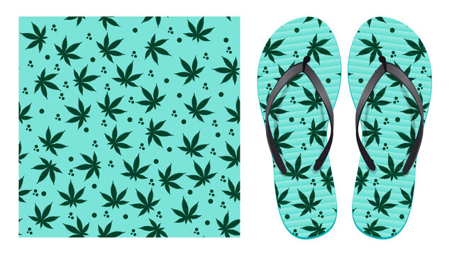 Light seamless pattern with cannabis leaves and abstract spots. Pattern design for printing on flip-flops. Visualization of flip-flops design