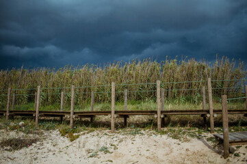 Wooden walkway at the seaside under dark clouds, before thunderstorm sky. High grass along the shore