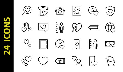 The set of icons about love contains such icons as love of music, declaration of love, heart, favorite home, Linear set. Vector on a white background. Editable stroke. 480x480