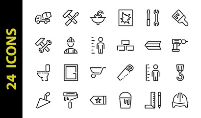 Set of construction icons, simple vector lines, contains the following icons: builder, roller, hammer with wrench, toilet bowl and much more. Editable stroke. 48x48 pixels perfect, white background