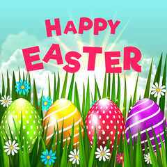 Bright Easter Card. Template card with Easter eggs, grass and flowers on the blue sky background with colored inscription. Floral paints. Happy Easter. Vector background.