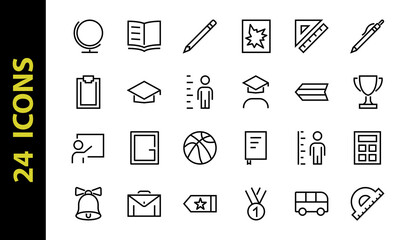 A simple set of school items. Contains icons such as student, award, geography, physical education, geometry and more. On white background. Editable stroke. 480x480