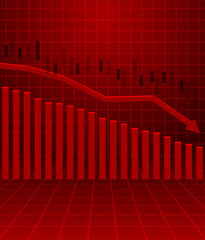 Stocks fall. Candle stick graph chart of stock market investment trading. Bullish point, down trend of graph. red background. Vector.