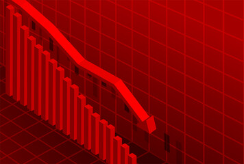 Stocks fall. Candle stick graph chart of stock market investment trading. Bullish point, down trend of graph. red background. Vector.