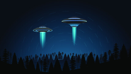 Dark Sky Forest Background Vector Silhouette With Ufo © Дмитрий