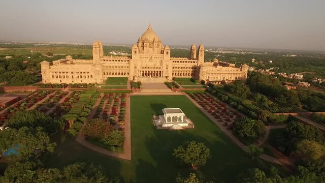 An aerial view shows the Umaid Bhawan Palace and its grounds in Jodhpur, India.