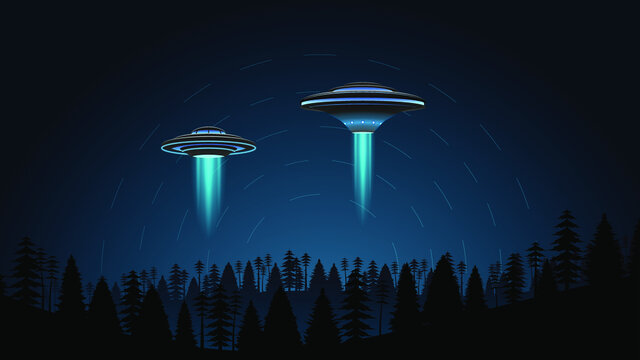 Dark Sky Forest Background Vector Silhouette With Ufo