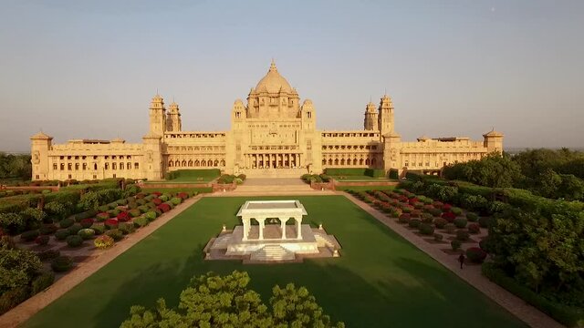 An aerial view shows the Umaid Bhawan Palace and its grounds in Jodhpur, India, with special focus on its trees.