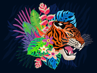 Tiger head roar wild cat in colorful jungle. Rainforest tropical leaves background drawing. Tiger stripes hand drawn vector character art illustration