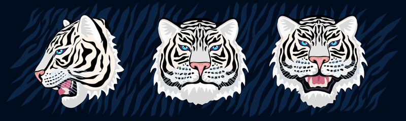 White tiger head roar wild cat in colorful jungle. Tiger stripes background drawing. Hand drawn vector character art illustration