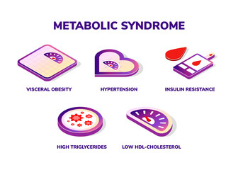 Symptoms of Metabolic Syndrome vector isometric icon concept. Hypertension, Insulin Resistance, High Triglycerides, Low HDL-Cholesterol, Visceral Obesity