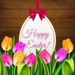 Happy Easter tulips egg and text on wooden background vector illustration for greeting card, ad, promotion, poster, flyer, web-banner, article, social media