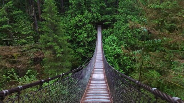 The Lynn Canyon suspension bridge is walked upon in British Columbia, Canada.