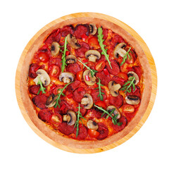 Pizza hot with spicy salami, arugula, cherry tomatoes, mushrooms and texas spice mix, on a round wooden platter, isolated on white background, top view