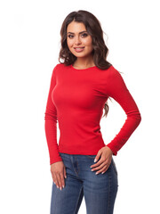 Obraz premium Beautiful girl in a jacket of red color. Template of a jacket of red color.