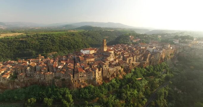 An aerial view shows the architecture of Pitigliano, Italy.