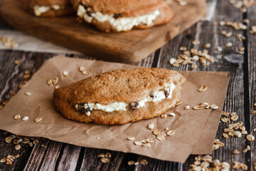 Tasty cakes with cottage cheese and raisins. Patties on a wooden table. Country style