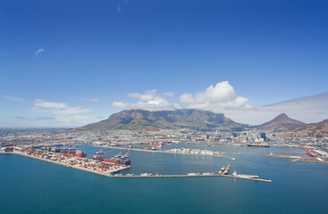 Cape Town, Western Cape / South Africa - 02/05/2020 - Aerial photo of Cape Town V&A Waterfront & Harbour with Table Mountain in the background