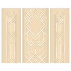 Golden abstract geometric ornament. Art deco style, trendy vintage design element. Gold grill on a white background. Template with parallel lines with gold gradient.