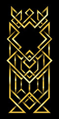 Golden abstract geometric ornament. Art deco style, trendy vintage design element. Gold grill on a black background.Template with parallel lines with gold gradient.