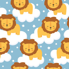 Lion cute seamless pattern, vector illustration background, animal cartoon pattern for kids