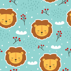 Lion cute seamless pattern, vector illustration background, animal cartoon pattern for kids