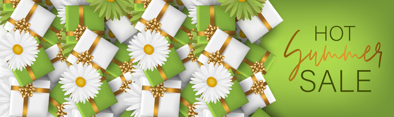 Hot Summer Sale banner or header. Green and white daisy flowers and gift boxes. Realistic vector illustration with lettering.