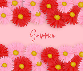 Fototapeta na wymiar Summer background. Realistic red and pink daisy flowers. Vector illustration with lettering.