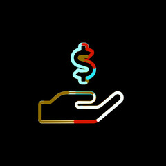 Symbol hand holding usd from multi-colored circles and stripes. Red, brown, blue, white