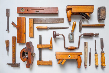 Compilation of traditional carpenter's tool. Various old tools with patina for woodworking...