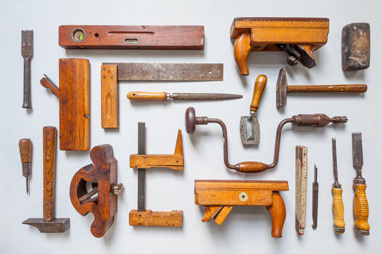 Compilation of traditional carpenter's tool. Various old tools with patina for woodworking tradition culture work craft carpentry woodworking work copy space