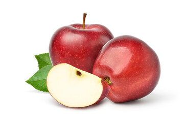 Fresh red Apple fruit with sliced and green leaves isolated on white background.