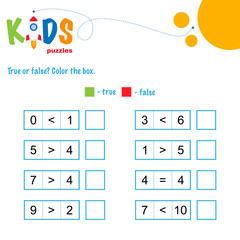 True or false math worksheet. Comparing numbers worksheet. Easy worksheet, for children in preschool, elementary and middle school.