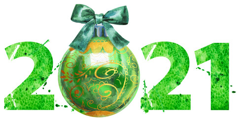 Watercolor illustration new year two thousand and twenty one with Christmas decoration