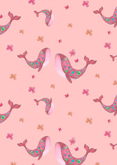 seamless  watercolor pattern  with whales and flowers