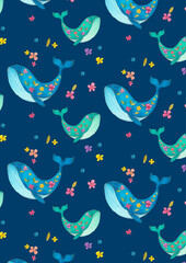 seamless pattern with watercolor whales on blue background