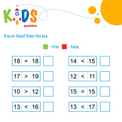 Fototapeta na wymiar True or false math worksheet. Comparing numbers worksheet. Easy worksheet, for children in preschool, elementary and middle school.
