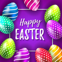 Vector frame with lettering happy easter with realistic colored 3D eggs. Bright purple background. Perfect for greeting card, ad, promotion, poster, flyer, web-banner, article, social media